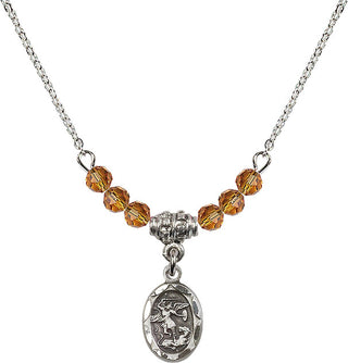 18" Rhodium Plated Necklace with 4mm Topaz Crystal Beads featuring a Sterling Silver Saint Michael the Archangel Medal.