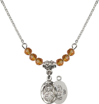 18" Rhodium Plated Necklace with 4mm Topaz Crystal Beads featuring a Sterling Silver Scapular Medal.