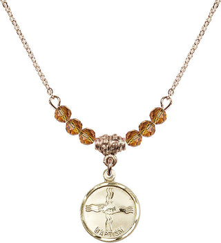 18" Hamilton Gold Plated Necklace with 4mm Topaz Crystal Beads featuring a 14kt Gold Filled Baptism Medal. Engraved Catholic Saint Jewelry