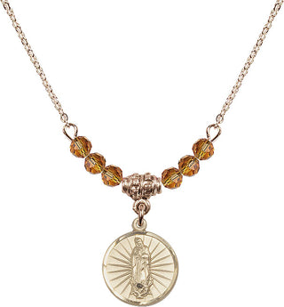 18" Hamilton Gold Plated Necklace with 4mm Topaz Crystal Beads featuring a 14kt Gold Filled Our Lady of Guadalupe Medal. Engraved Catholic Saint Jewelry