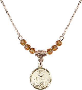 18" Hamilton Gold Plated Necklace with 4mm Topaz Crystal Beads featuring a 14kt Gold Filled Saint Jude Medal. Engraved Catholic Saint Jewelry