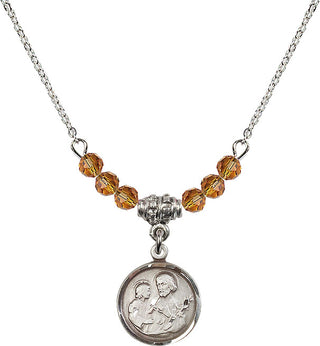 18" Rhodium Plated Necklace with 4mm Topaz Crystal Beads featuring a Sterling Silver Saint Joseph Medal. Engraved Catholic Saint Jewelry