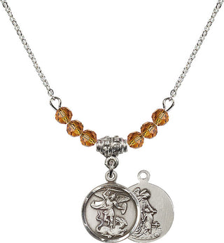 18" Rhodium Plated Necklace with 4mm Topaz Crystal Beads featuring a Sterling Silver Saint Michael the Archangel Medal.
