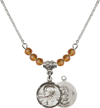 18" Rhodium Plated Necklace with 4mm Topaz Crystal Beads featuring a Sterling Silver Scapular Medal.