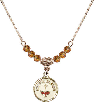 18" Hamilton Gold Plated Necklace with 4mm Topaz Crystal Beads featuring a 14kt Gold Filled Confirmation Medal. Engraved Catholic Saint Jewelry