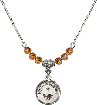 18" Rhodium Plated Necklace with 4mm Topaz Crystal Beads featuring a Sterling Silver Confirmation Medal. Engraved Catholic Saint Jewelry
