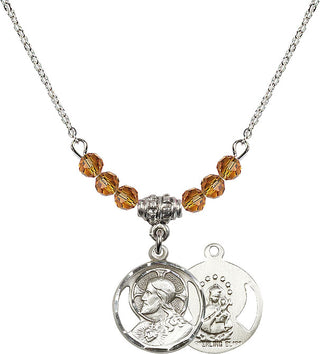 18" Rhodium Plated Necklace with 4mm Topaz Crystal Beads featuring a Sterling Silver Scapular Medal.