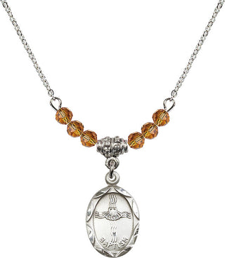 18" Rhodium Plated Necklace with 4mm Topaz Crystal Beads featuring a Sterling Silver Baptism Medal. Engraved Catholic Saint Jewelry