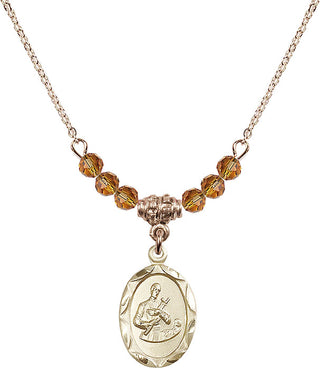 18" Hamilton Gold Plated Necklace with 4mm Topaz Crystal Beads featuring a 14kt Gold Filled Saint Gerard Medal. Engraved Catholic Saint Jewelry