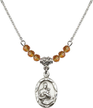 18" Rhodium Plated Necklace with 4mm Topaz Crystal Beads featuring a Sterling Silver Saint Gerard Medal. Engraved Catholic Saint Jewelry