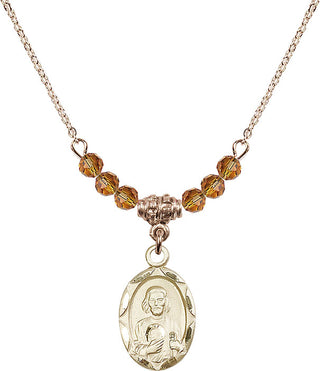 18" Hamilton Gold Plated Necklace with 4mm Topaz Crystal Beads featuring a 14kt Gold Filled Saint Jude Medal. Engraved Catholic Saint Jewelry