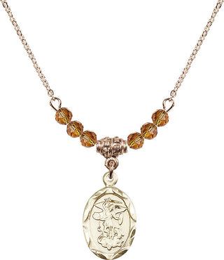 18" Hamilton Gold Plated Necklace with 4mm Topaz Crystal Beads featuring a 14kt Gold Filled Saint Michael the Archangel Medal.