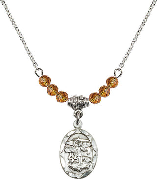 18" Rhodium Plated Necklace with 4mm Topaz Crystal Beads featuring a Sterling Silver Saint Michael the Archangel Medal.