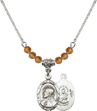 18" Rhodium Plated Necklace with 4mm Topaz Crystal Beads featuring a Sterling Silver Scapular Medal.