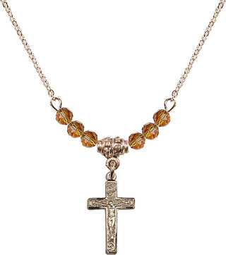 18" Hamilton Gold Plated Necklace with 4mm Topaz Crystal Beads featuring a 14kt Gold Filled Crucifix Medal.