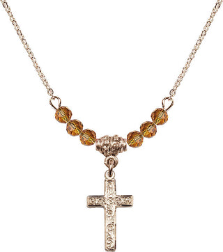 18" Hamilton Gold Plated Necklace with 4mm Topaz Crystal Beads featuring a 14kt Gold Filled Cross Medal.