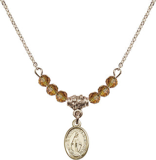 18" Hamilton Gold Plated Necklace with 4mm Topaz Crystal Beads featuring a 14kt Gold Filled Miraculous Medal.