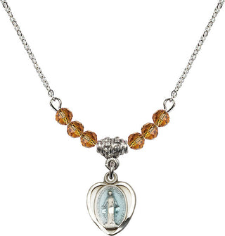 18" Rhodium Plated Necklace with 4mm Topaz Crystal Beads featuring a Sterling Silver Miraculous Medal.