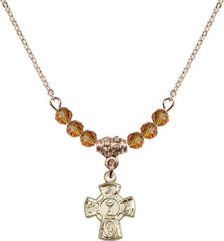 18" Hamilton Gold Plated Necklace with 4mm Topaz Crystal Beads featuring a 14kt Gold Filled 5-Way / Chalice Medal.