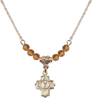 18" Hamilton Gold Plated Necklace with 4mm Topaz Crystal Beads featuring a 14kt Gold Filled Communion 5-Way Medal.