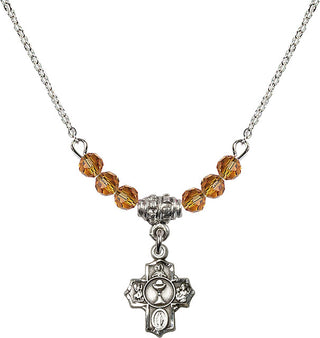 18" Rhodium Plated Necklace with 4mm Topaz Crystal Beads featuring a Sterling Silver Communion 5-Way Medal.