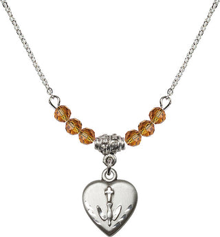 18" Rhodium Plated Necklace with 4mm Topaz Crystal Beads featuring a Sterling Silver Heart / Confirmation Medal.