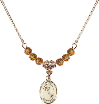 18" Hamilton Gold Plated Necklace with 4mm Topaz Crystal Beads featuring a 14kt Gold Filled First Penance Medal.