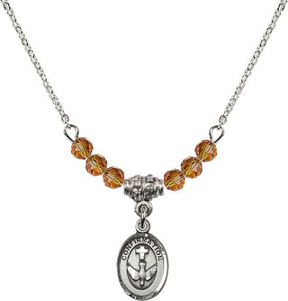 18" Rhodium Plated Necklace with 4mm Topaz Crystal Beads featuring a Sterling Silver Confirmation Medal.