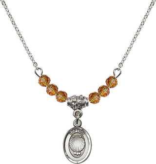 18" Rhodium Plated Necklace with 4mm Topaz Crystal Beads featuring a Sterling Silver Baptism Medal.