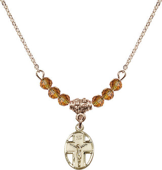18" Hamilton Gold Plated Necklace with 4mm Topaz Crystal Beads featuring a 14kt Gold Filled Crucifix Medal.