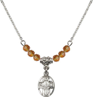 18" Rhodium Plated Necklace with 4mm Topaz Crystal Beads featuring a Sterling Silver 5-Way / Chalice Medal.