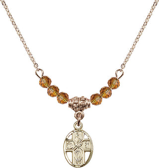 18" Hamilton Gold Plated Necklace with 4mm Topaz Crystal Beads featuring a 14kt Gold Filled 5-Way Medal.