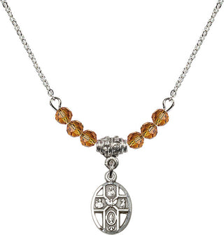 18" Rhodium Plated Necklace with 4mm Topaz Crystal Beads featuring a Sterling Silver 5-Way Medal.