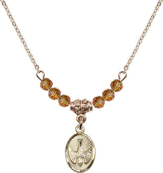18" Hamilton Gold Plated Necklace with 4mm Topaz Crystal Beads featuring a 14kt Gold Filled Holy Spirit Medal.
