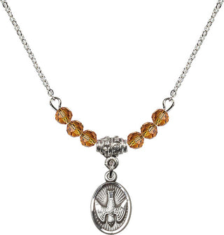 18" Rhodium Plated Necklace with 4mm Topaz Crystal Beads featuring a Sterling Silver Holy Spirit Medal.
