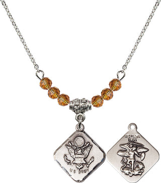 18" Rhodium Plated Necklace with 4mm Topaz Crystal Beads featuring a Sterling Silver Army Diamond Medal.
