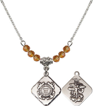 18" Rhodium Plated Necklace with 4mm Topaz Crystal Beads featuring a Sterling Silver Coast Guard Diamond Medal.