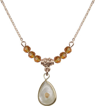 18" Hamilton Gold Plated Necklace with 4mm Topaz Crystal Beads featuring a 14kt Gold Filled Mustard Seed Medal.