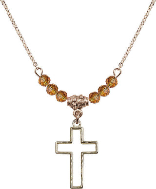 18" Hamilton Gold Plated Necklace with 4mm Topaz Crystal Beads featuring a 14kt Gold Filled Cross Medal.