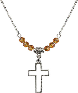 18" Rhodium Plated Necklace with 4mm Topaz Crystal Beads featuring a Sterling Silver Cross Medal.