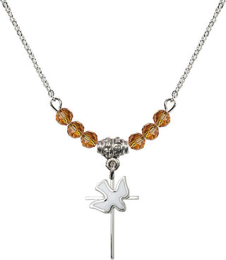 18" Rhodium Plated Necklace with 4mm Topaz Crystal Beads featuring a Sterling Silver Cross / Holy Spirit Medal.