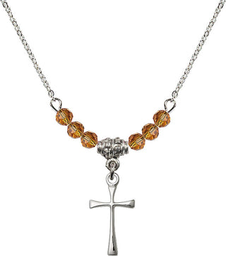 18" Rhodium Plated Necklace with 4mm Topaz Crystal Beads featuring a Sterling Silver Maltese Cross Medal.