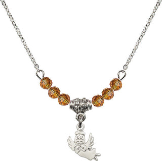 18" Rhodium Plated Necklace with 4mm Topaz Crystal Beads featuring a Sterling Silver Guardian Angel Medal.