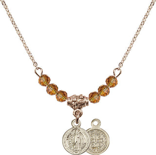 18" Hamilton Gold Plated Necklace with 4mm Topaz Crystal Beads featuring a 14kt Gold Filled Saint Benedict Medal.