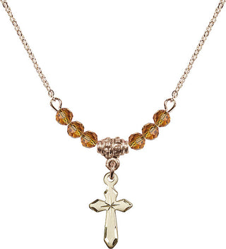 18" Hamilton Gold Plated Necklace with 4mm Topaz Crystal Beads featuring a 14kt Gold Filled Cross Medal.
