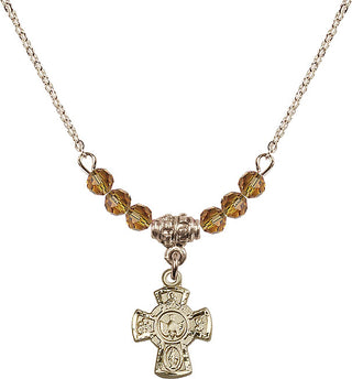 18" Hamilton Gold Plated Necklace with 4mm Topaz Crystal Beads featuring a 14kt Gold Filled 5-Way Medal.