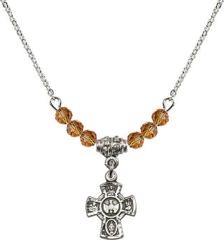 18" Rhodium Plated Necklace with 4mm Topaz Crystal Beads featuring a Sterling Silver 5-Way Medal.
