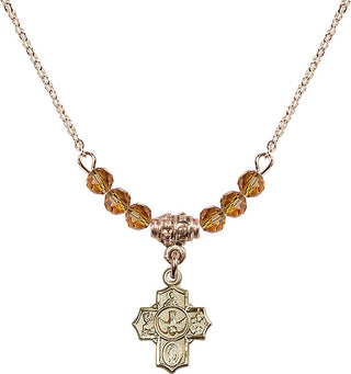 18" Hamilton Gold Plated Necklace with 4mm Topaz Crystal Beads featuring a 14kt Gold Filled 5-Way Medal.