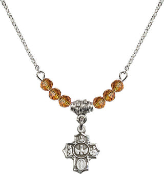 18" Rhodium Plated Necklace with 4mm Topaz Crystal Beads featuring a Sterling Silver 5-Way Medal.