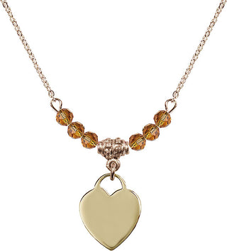 18" Hamilton Gold Plated Necklace with 4mm Topaz Crystal Beads featuring a 14kt Gold Filled Heart Medal. Engraved Catholic Saint Jewelry